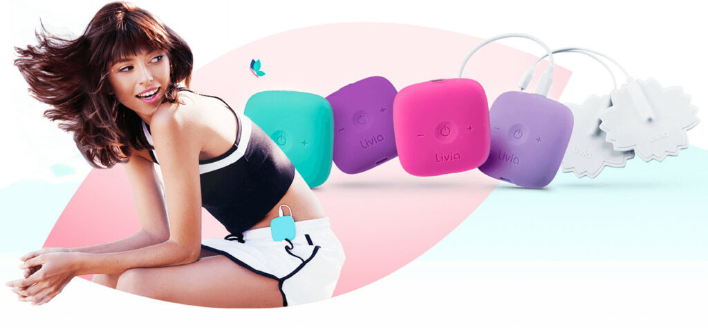 This image shows a woman with colorful livia products at her back